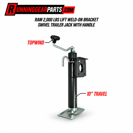 Black swivel trailer jack with a topwind handle and 10" travel