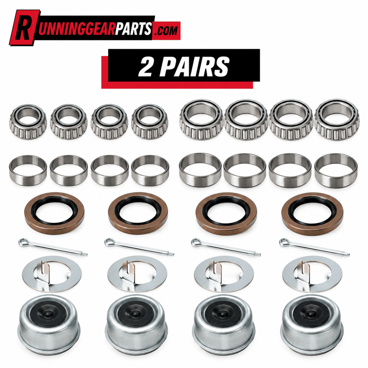 Trailer Axles Bearing Kit in a 2-pair set with silver steel bearings and races, brown seals, and metal caps and pins