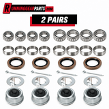 Trailer Axles Bearing Kit in a 2-pair set with silver steel bearings and races, brown seals, and metal caps and pins