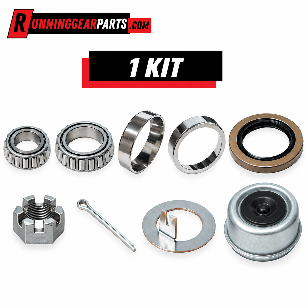 Trailer Axles Bearing Kit with steel tapered bearings and races, black-lipped grease seal, silver dust cap, nut and hardware.