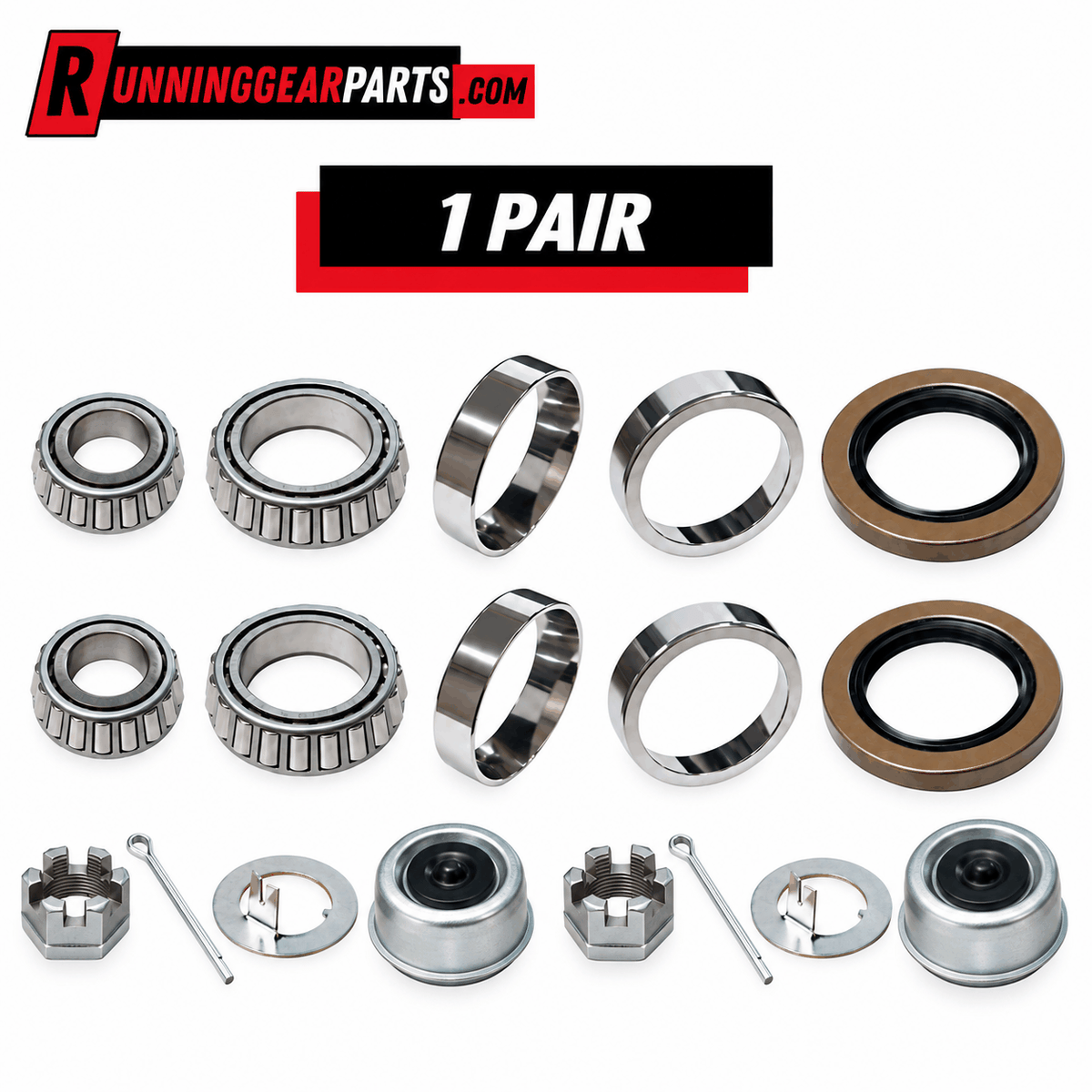 Trailer Axles Bearing Kit with silver steel bearings, races and hardware, plus brown double-lip grease seals and dust caps.