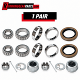 Trailer Axles Bearing Kit with silver steel bearings, races and hardware, plus brown double-lip grease seals and dust caps.
