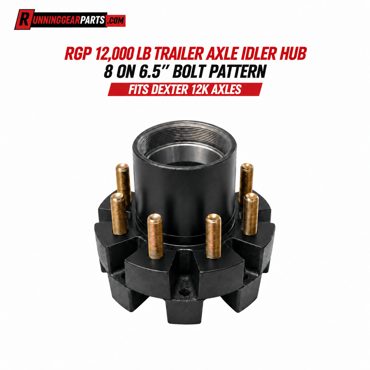 Trailer axle idler hub in black metal with brass-colored studs and an 8 on 6.5-inch bolt pattern for Dexter 12,000 lb Axles.