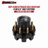 Trailer axle idler hub in black metal with brass-colored studs and an 8 on 6.5-inch bolt pattern for Dexter 12,000 lb Axles.