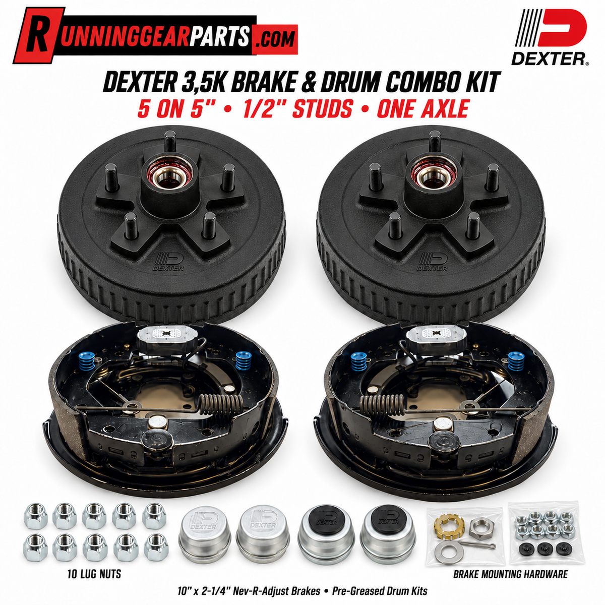 Dexter 3,500 lb Brake & Hub Drum Combo Kit — 10″ × 2-1/4″ Nev-R-Adjust, 5 on 5″, 1/2″ Studs — One Axle
