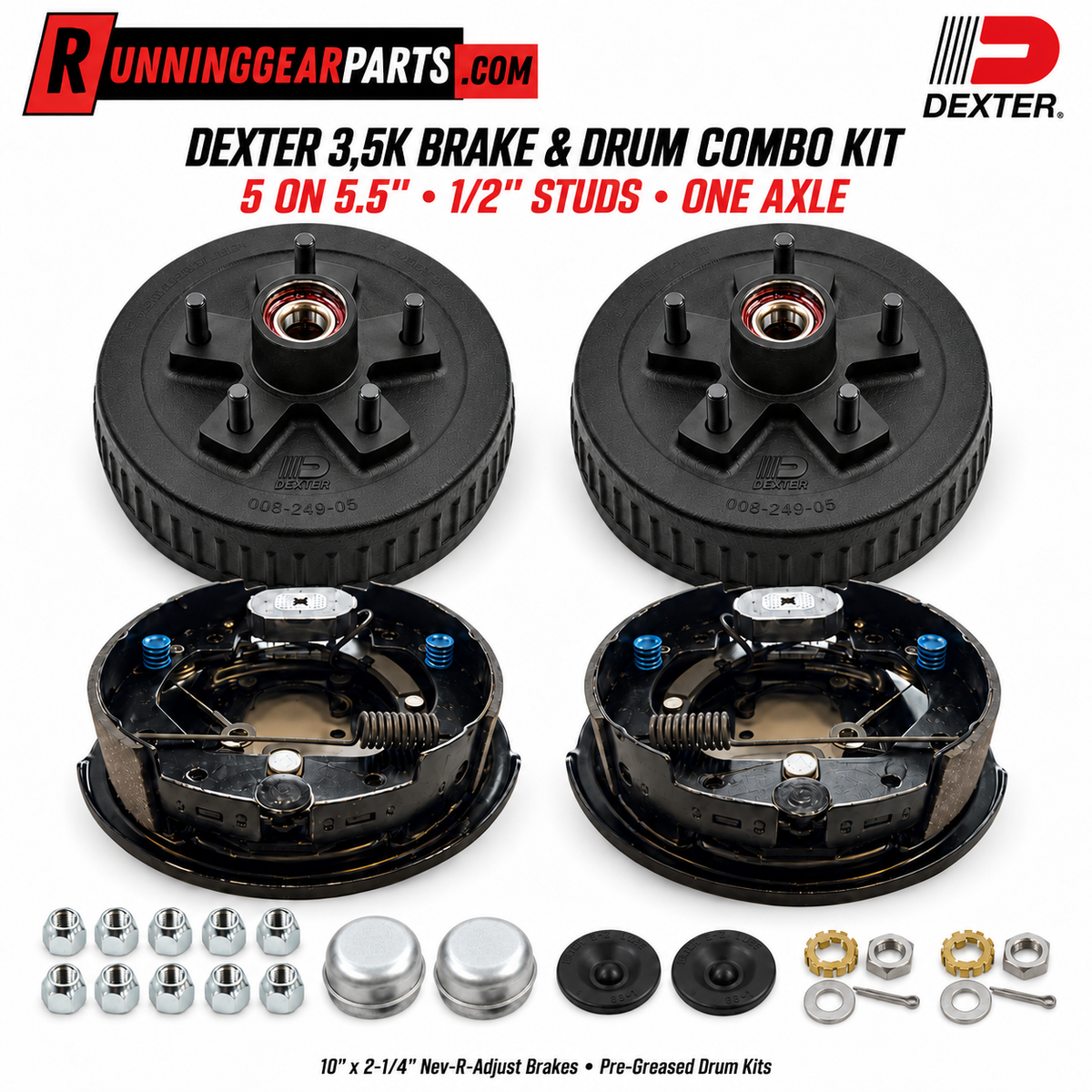 Dexter 3,500 lb Brake & Hub Drum Combo Kit — 10″ × 2-1/4″ Nev-R-Adjust, 5 on 5.5″, 1/2″ Studs — One Axle