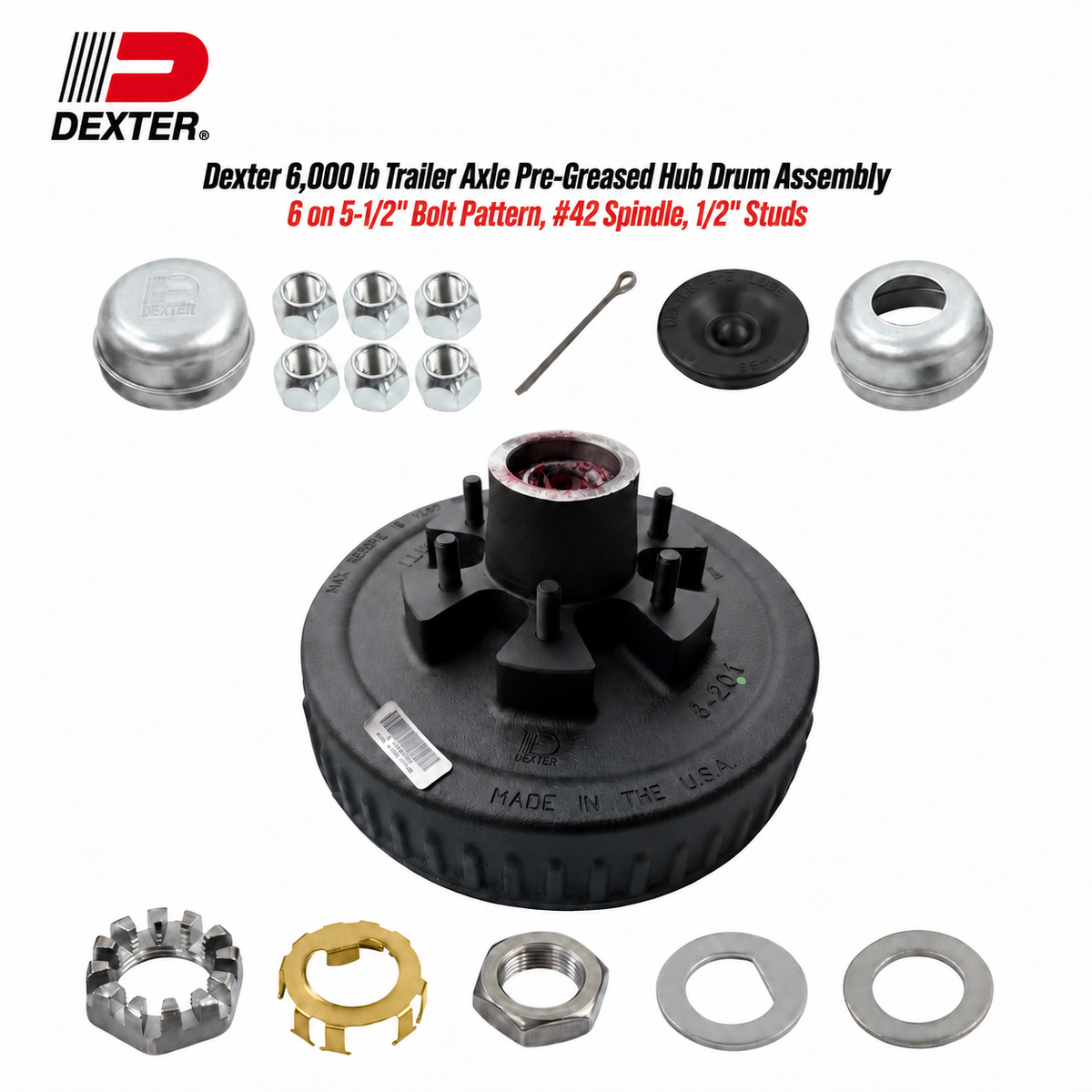 Dexter 6,000 lb trailer axle pre-greased hub drum assembly kit
