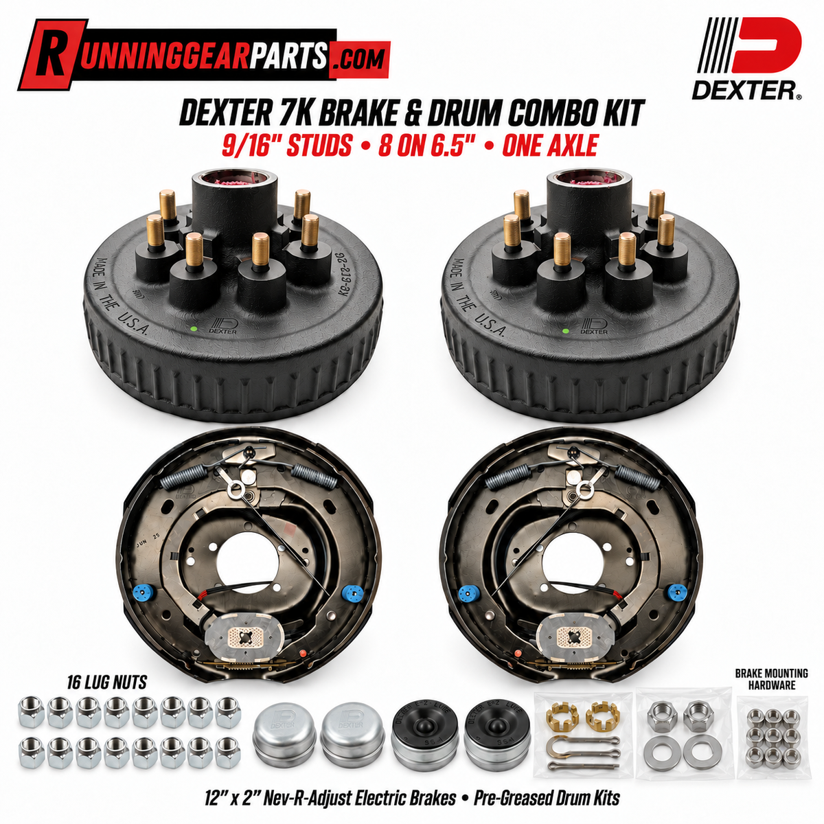 Dexter 7,000 lb Brake & Hub Drum Combo Kit — 12″ × 2″ Nev-R-Adjust, 8 on 6.5″, 9/16″ Studs — One Axle