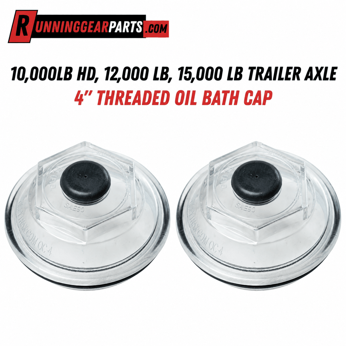 Trailer axle oil bath caps, Dexter 10,000lb HD, two clear metal caps with black rubber fill plugs and threaded rims