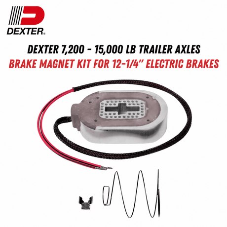 Trailer brake magnet kit for Dexter 7,200 - 15,000 lb Trailer Axles, with a silver magnet, red and black wires, spring and retainer.