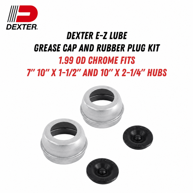 Grease cap and rubber plug kit for the Dexter 3,500 lb Axle, with two silver metal caps and black rubber plugs.