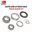Trailer bearing kit with silver steel bearings and races, black grease seal, metal washer and cotter pin for Dexter 6,000 lb Trailer Axles.