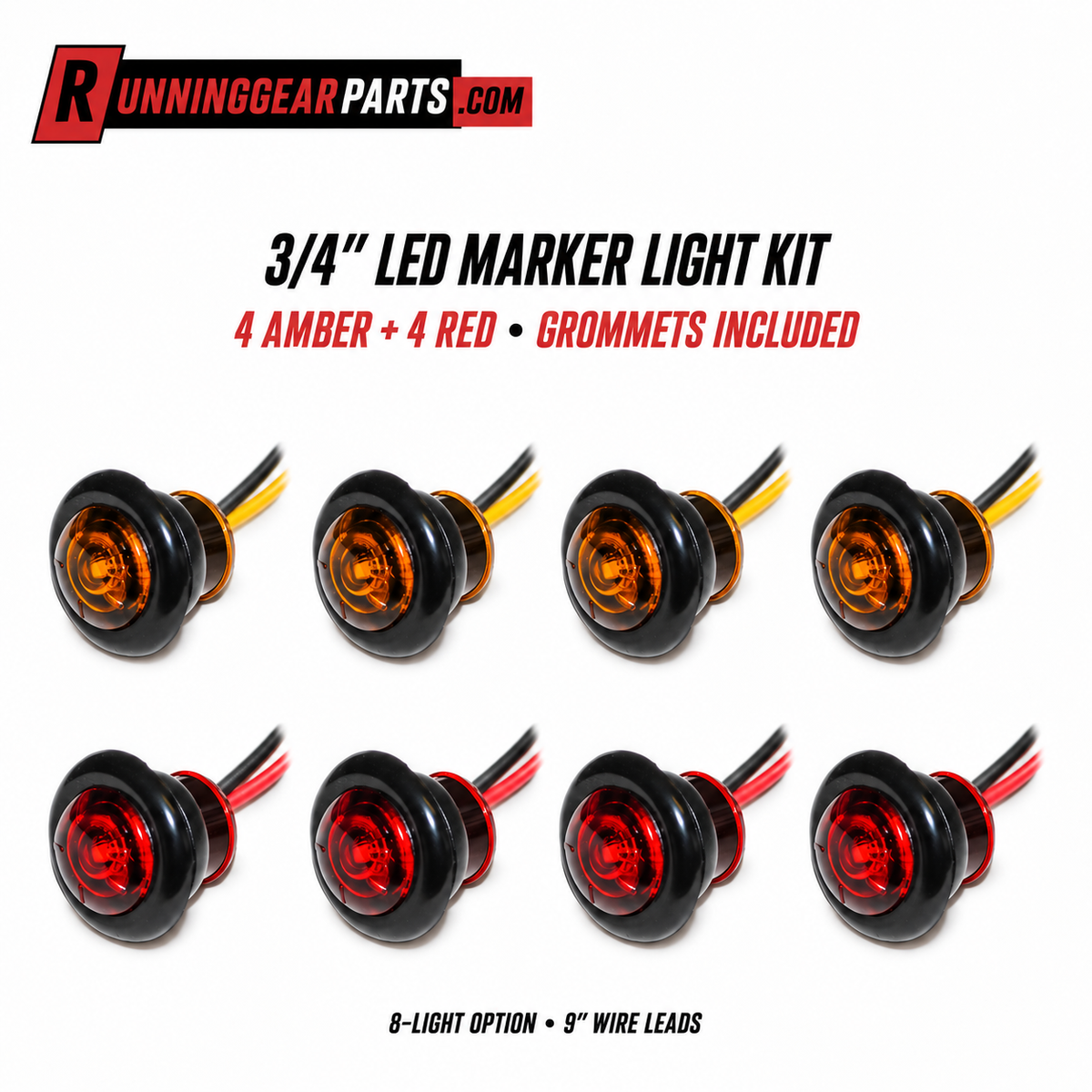 Jammy 3/4″ LED Trailer Marker Light Kit, 4 Amber + 4 Red Lights with Grommets, 8-Pack