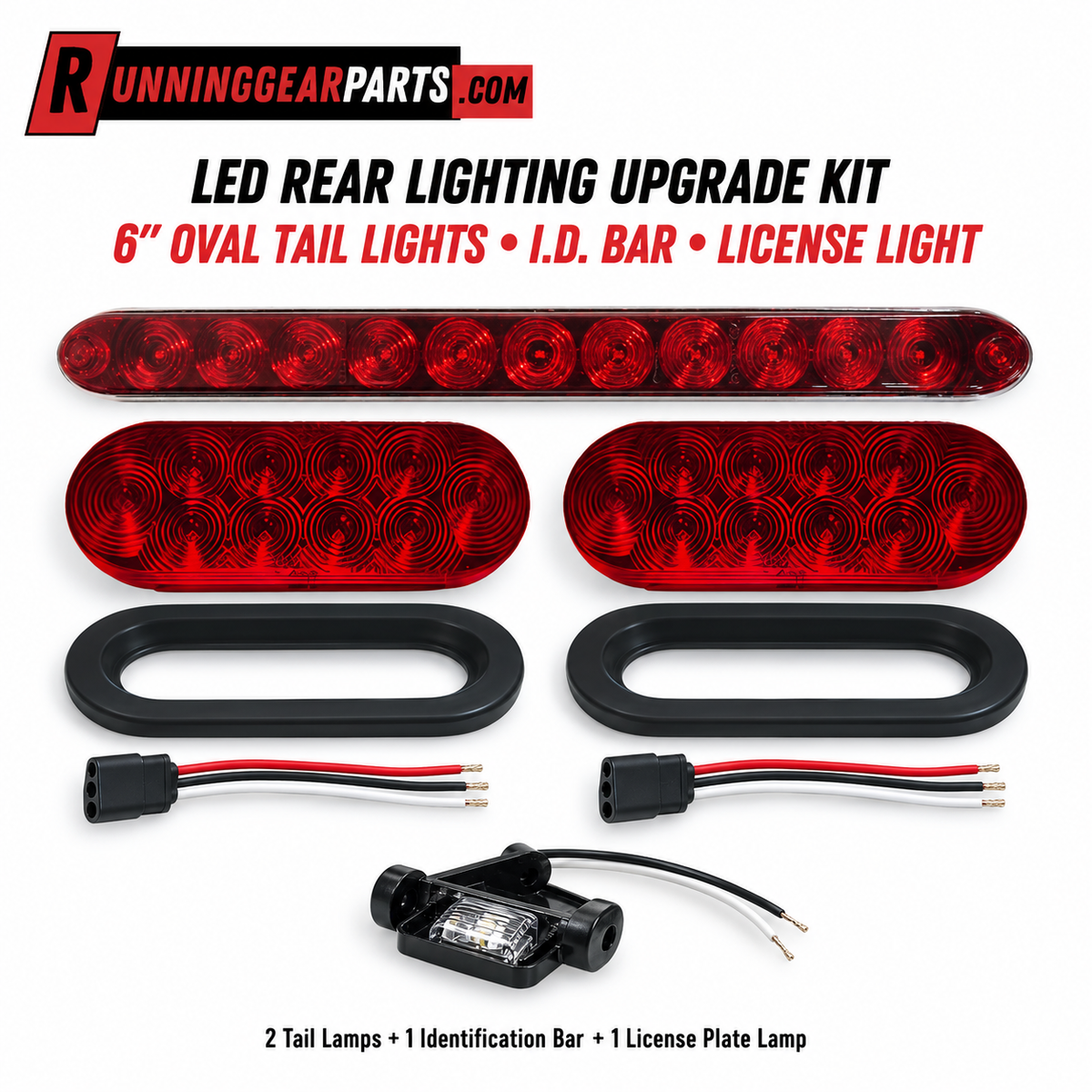 LED Trailer Rear Lighting Upgrade Kit — Two 6″ Oval Tail Lights, Red Identification Bar & License Plate Light