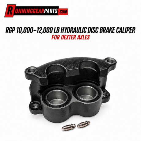 Hydraulic Disc Brake Caliper in black metal, with two visible piston bores and two brass-colored bleeder screws included.