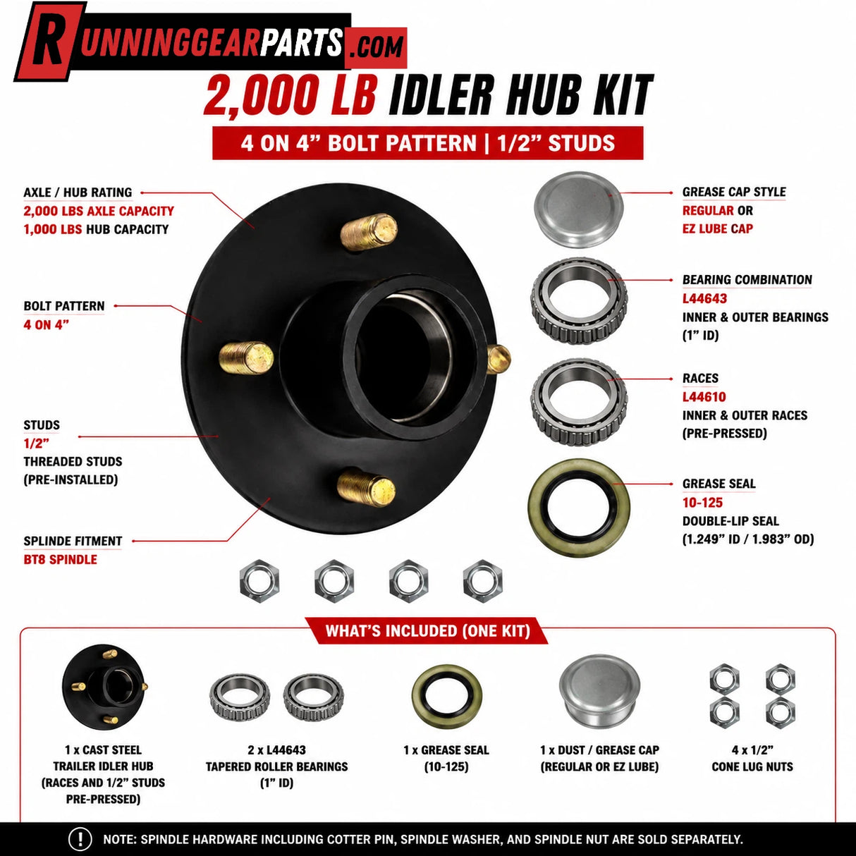 RGP 2,000 lb Trailer Idler Hub Assembly, 4 on 4" Bolt Pattern, 1/2" Studs, L44643 Bearings