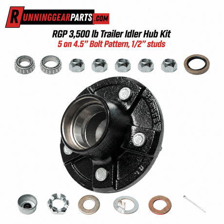 RGP 3,500 lb Trailer Idler Hub Kit with a black steel hub, five studs, bearings, seal, and included hardware