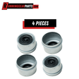 Trailer Axles Greaseable Dust Caps, silver zinc-plated steel with black rubber EZ-Lube plugs, shown as four pieces.
