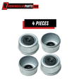 Trailer dust caps for RGP 5,200-6,000 lb Trailer Axles, four silver galvanized metal caps with black rubber plugs.