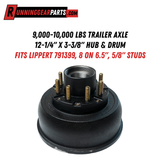 9,000-10,000 lbs Trailer Axle, 12-1/4" x 3-3/8" Hub & Drum, Fits Lippert 791399, 8 on 6.5", 5/8" Studs