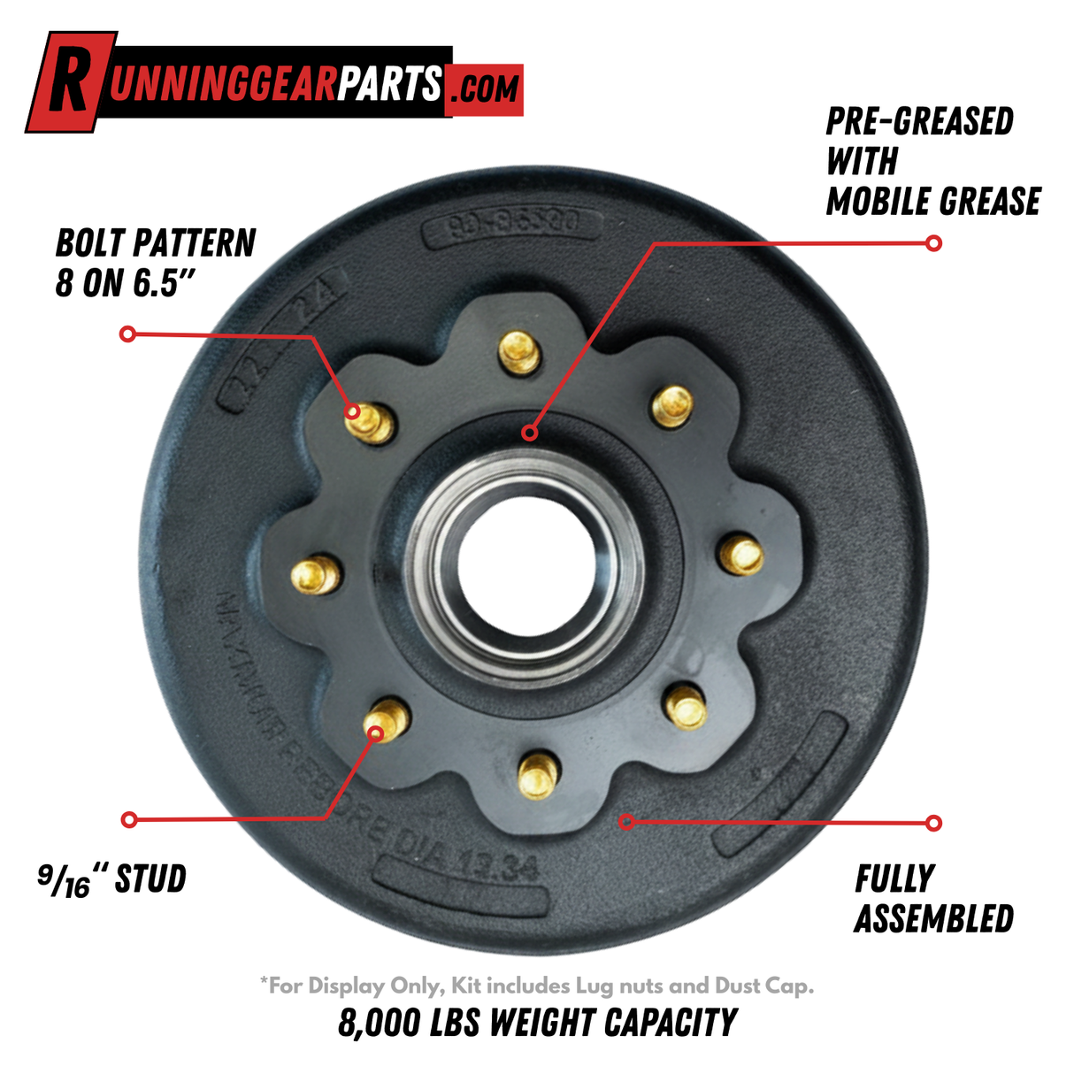 8,000-lb Axles Brake Drum with 8 on 6-1/2" Bolt Pattern, 9/16" Stud, Oil Bath