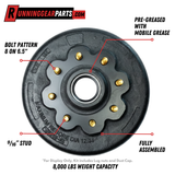 8,000-lb Axles Brake Drum with 8 on 6-1/2" Bolt Pattern, 9/16" Stud, Greased