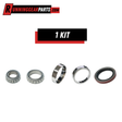 Trailer axle bearing kit, RGP 12,000 lb Trailer Axles, with two silver bearings, two races and a black seal.