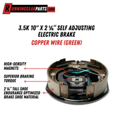 RGP 3,500 lbs Trailer Axles electric drum brake, dark steel backing plate with tall shoes, springs and green copper wire