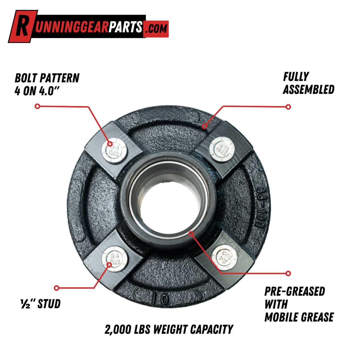 2000 lb Axle Trailer Idler Hub Assembly · 4 on 4" · L44649 Bearings · Dust Cap & Castle Nut Included