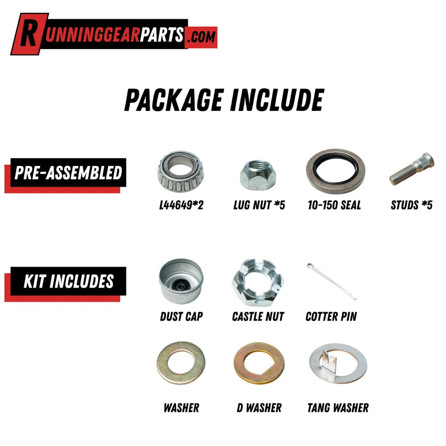 RGP Trailer Idler Hub Assembly, 2,000 lb Axle, 5 on 4-1/2" Bolt Pattern, 1/2" Studs, L44649 Bearings