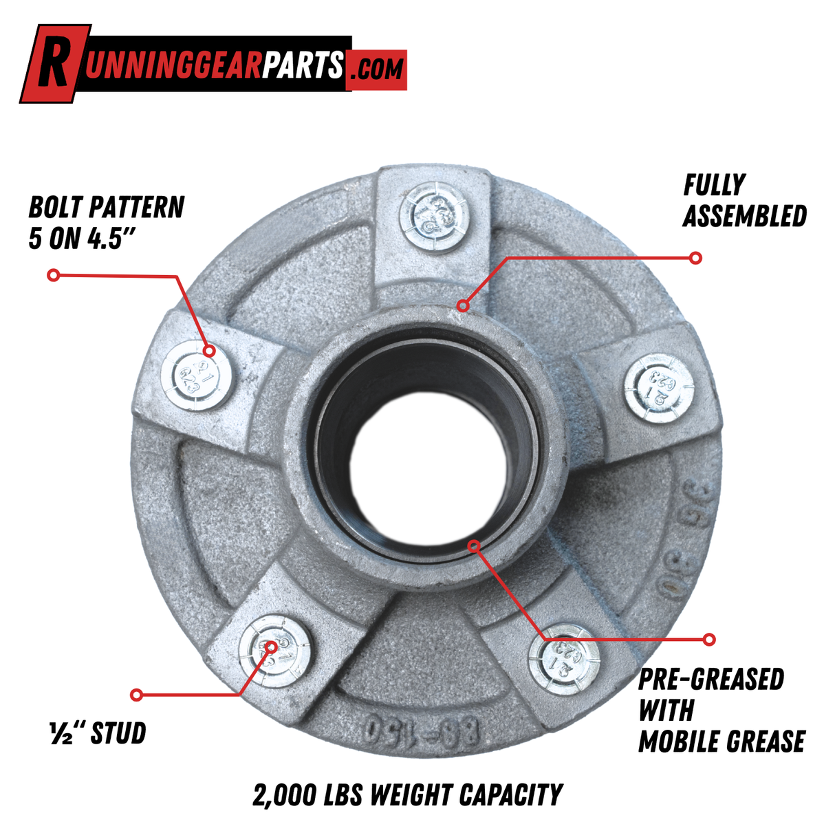 2,000 lbs Axle Trailer Idler Hub Kit, 5 on 4.5" Bolt Pattern, Galvanized, Pre-Greased