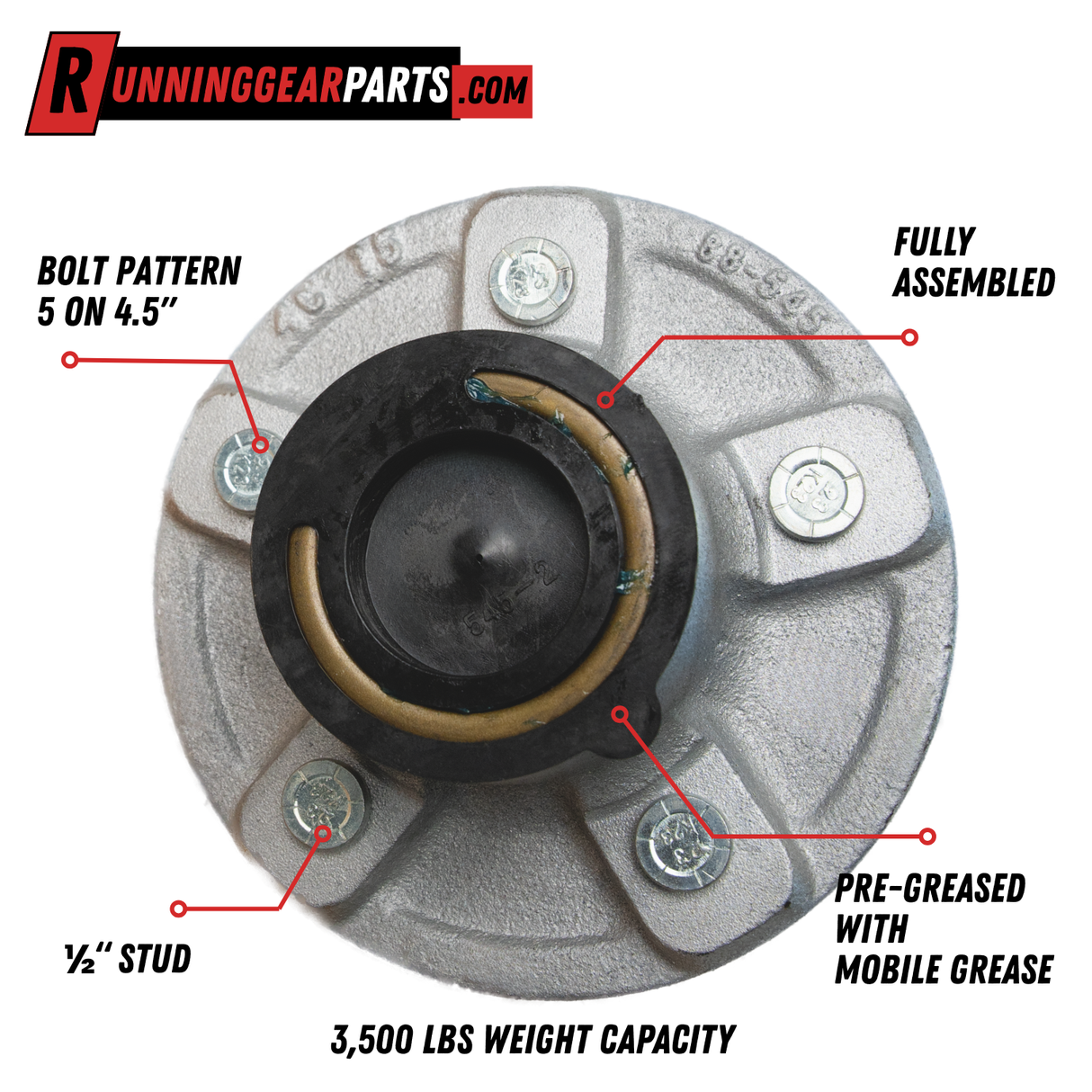 3,500 lbsAxles - 5 on 4.5" Bolt Circle, Galvanized Idler Hub Kit, Pre-Greased