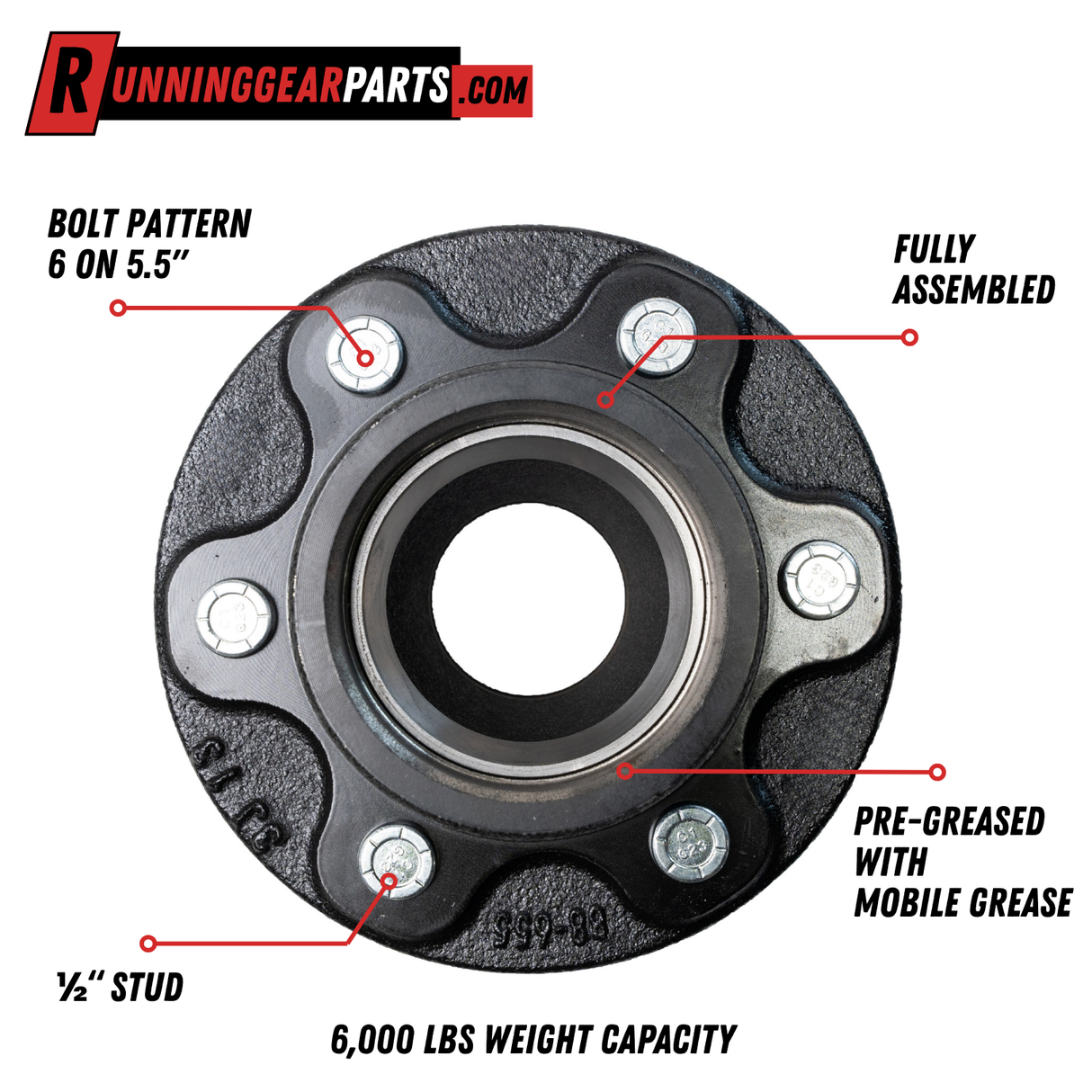 6000 lb Axle Trailer Idler Hub Assembly · 6 on 5.5" 25580 / 15123 Bearings 10-225 Grease Seal Hardware Included