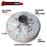 3,500 lbs Trailer Axle Drum Kit - 5 on 4.5" Bolt Circle, Galvanized, Pre-Greased