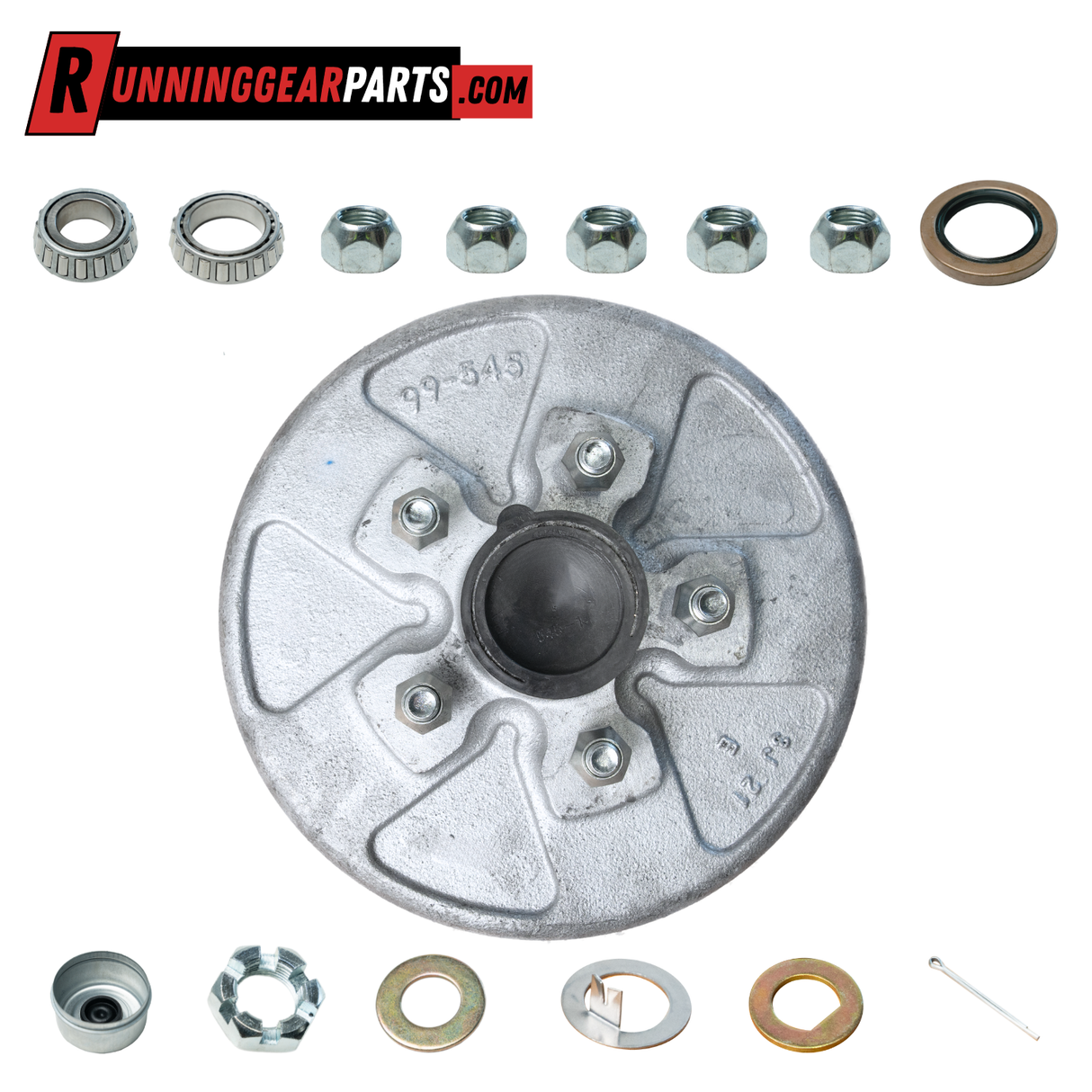 3,500 lbs Trailer Axle Drum Kit - 5 on 4.5" Bolt Circle, Galvanized, Pre-Greased