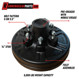 6,000 lb Trailer Axle Drum Kit - 6 on 5.5" Bolt Circle, Pre-Greased