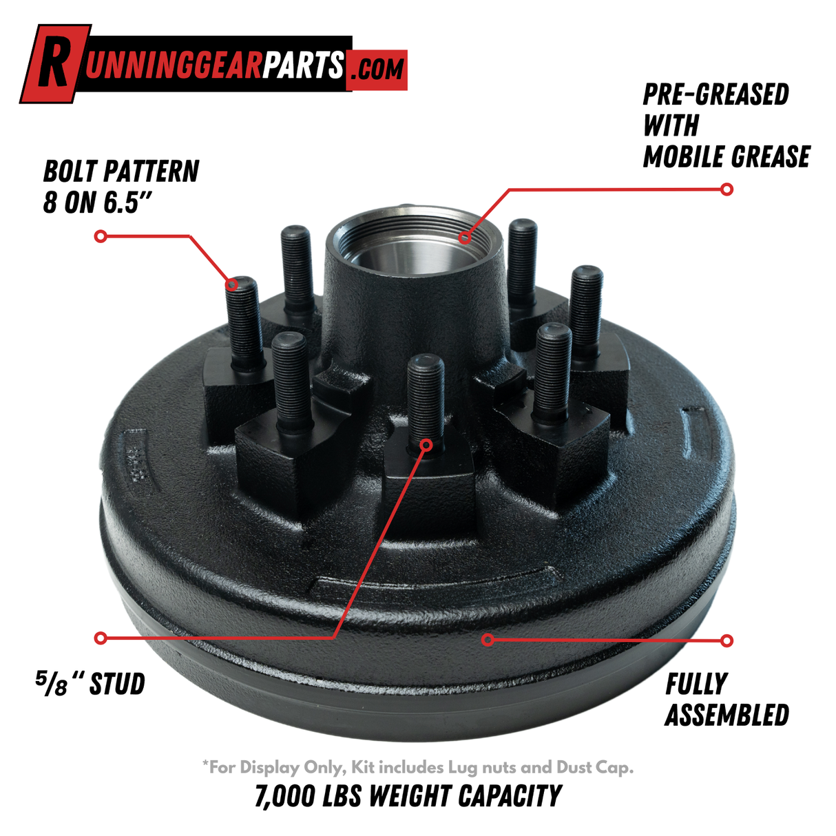 5,200-7,000 lb Trailer Axle Drum Kit- 8 on 6.5" Bolt Circle with 5/8" Studs, Pre-Greased