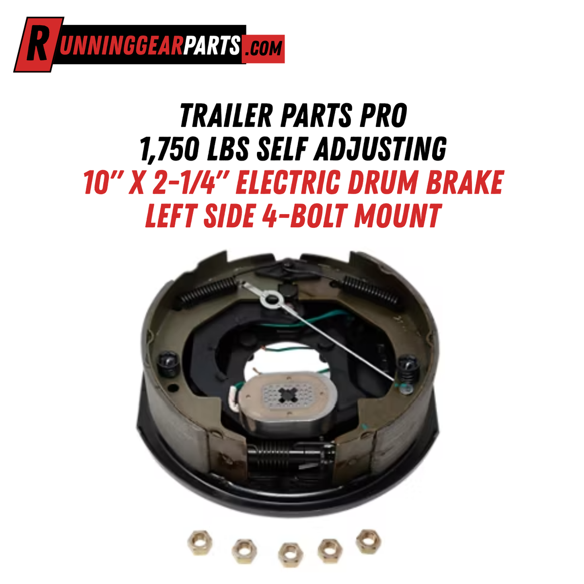 Trailer Parts Pro 3,500 lb (Per Pair Capacity, 1,750 lbs Each), Self-Adjusting, 10" x 2-1/4", Electric Drum Brake, Left Side, 4-Bolt Mount,EB01-107