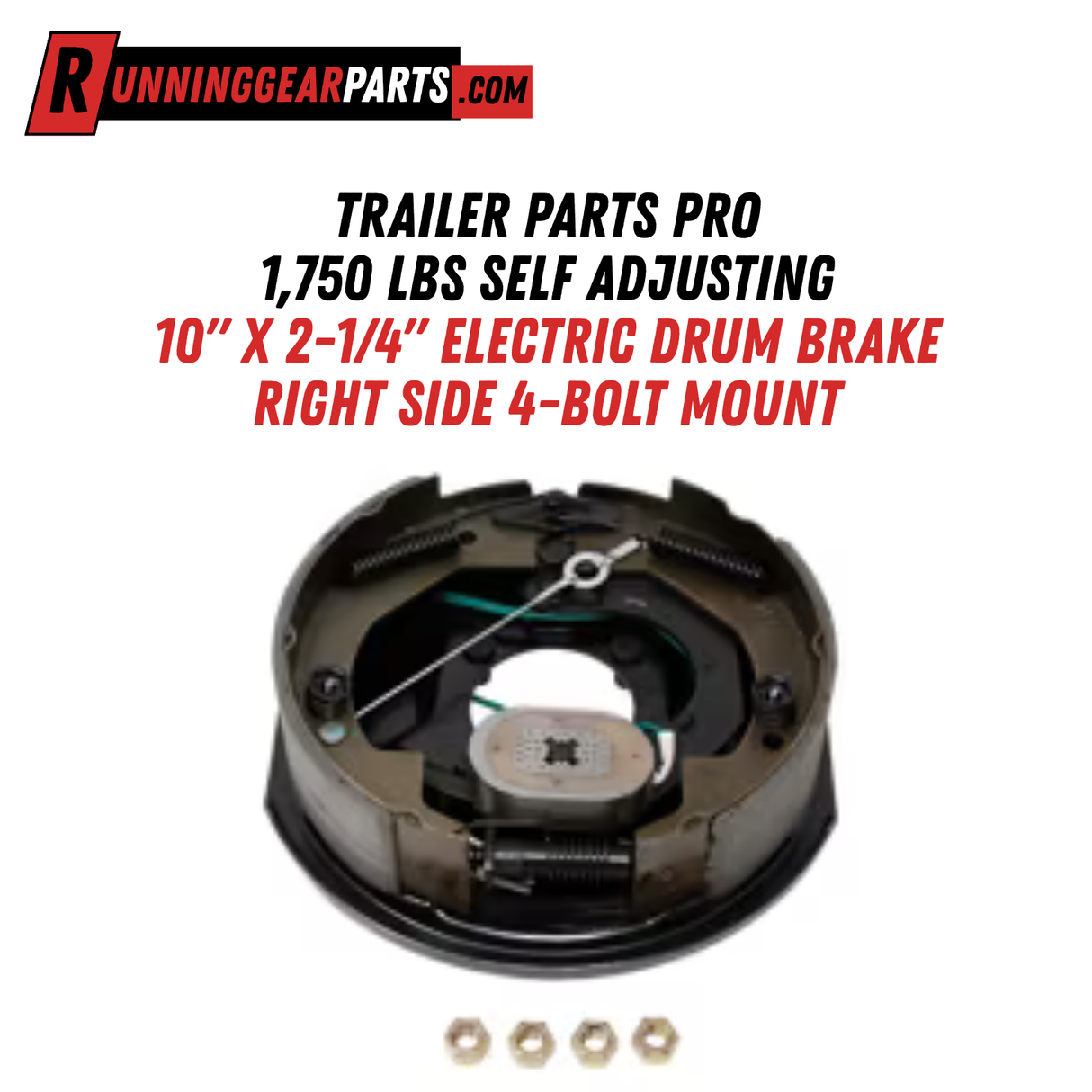 Trailer Parts Pro 3,500 lb Trailer Axles (Per Pair Capacity, 1,750 lb Each), Self-Adjusting, 10" x 2-1/4", Electric Drum Brake, Right Side, 4-Bolt Mount, EB01-108