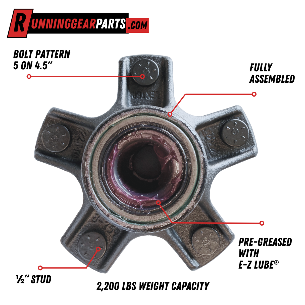 Dexter 2,200 lbs Axle Trailer Idler Hub Kit, 5 on 4.5" Bolt Pattern, 1/2" Studs, Pre-Greased, K08-259-1G