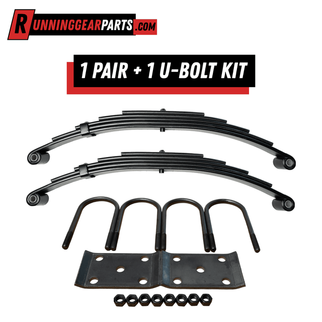 RGP 5,200 - 6,000 lb Axles trailer spring and U-bolt kit with two black steel leaf springs, tie plates and nuts.