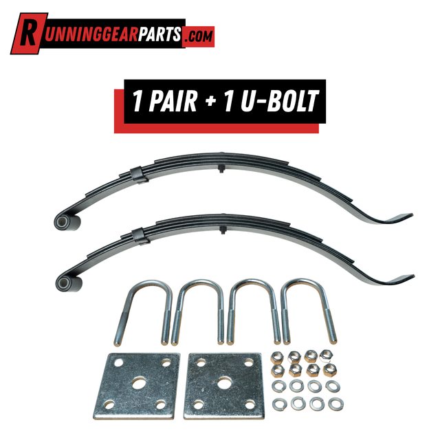 2,000 lb Axle slipper spring kit with black steel four-leaf springs, U-bolts, tie plates, nuts and washers