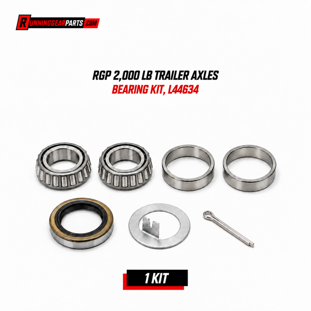 RGP 2,000 lb trailer axles, including two tapered roller bearings, two outer rings, a seal, a spacer, and a small tool