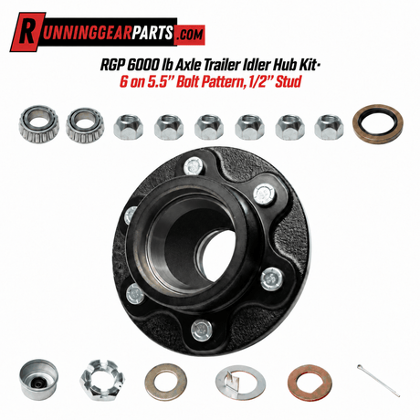 RGP 6000 lb Axle Trailer Idler Hub Kit, black steel six-lug hub with bearings, seal, grease cap and hardware included.