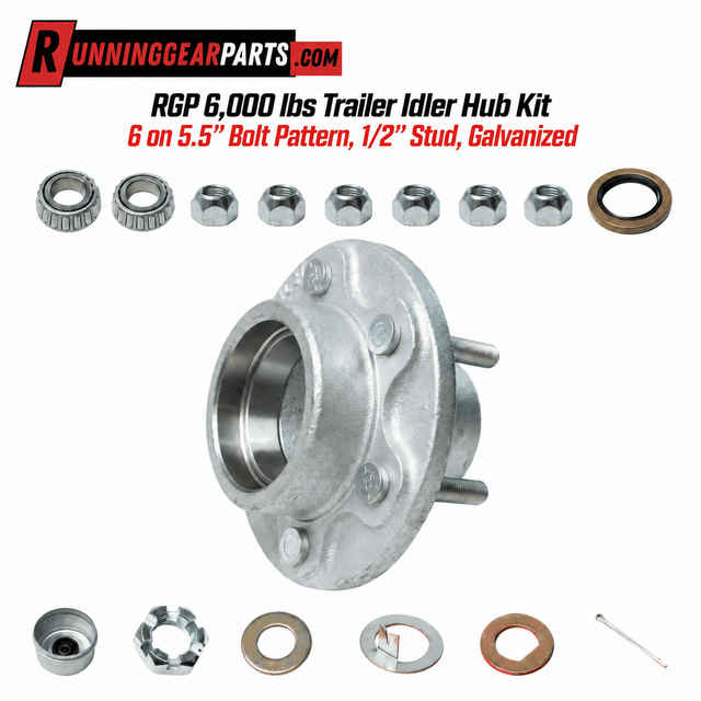 RGP 6,000 lbs Trailer Idler Hub Kit with a silver galvanized metal hub, six wheel studs, bearings, seal and hardware.
