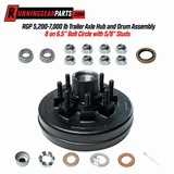 RGP 5,200-7,000 lb Trailer Axle hub and drum assembly in black metal, with eight 5/8-inch studs and hardware.
