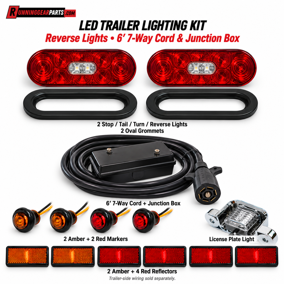 RGP LED Trailer Lighting Kit — 6″ Oval Stop/Turn/Tail/Reverse Lights & 6′ 7-Way Cord with Junction Box