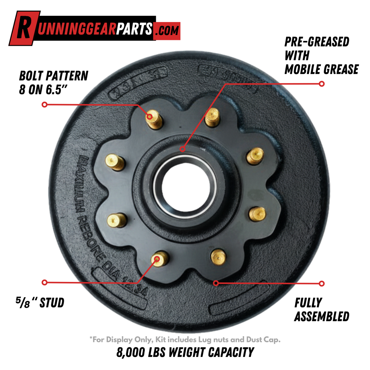 8,000-lb Axles Brake Drum with 8 on 6-1/2" Bolt Pattern, 5/8" Stud, Grease Type