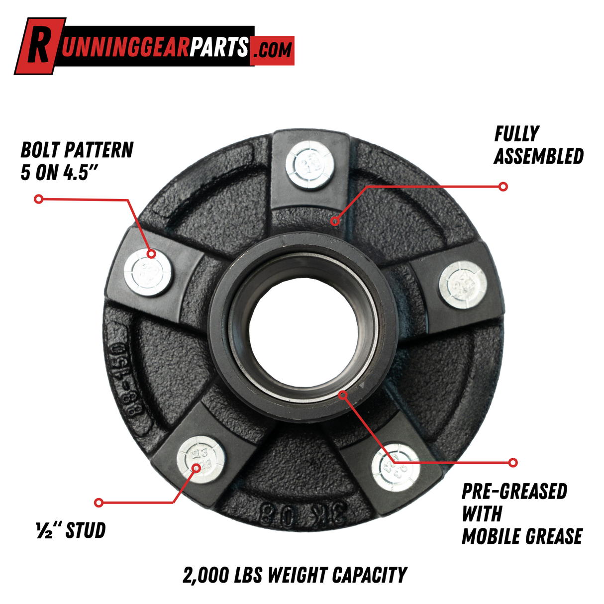 2,000 lbs Axle Trailer Idler Hub Kit, 5 on 4.5", L44649 Bearings, Dust Cap & Castle Nut Included