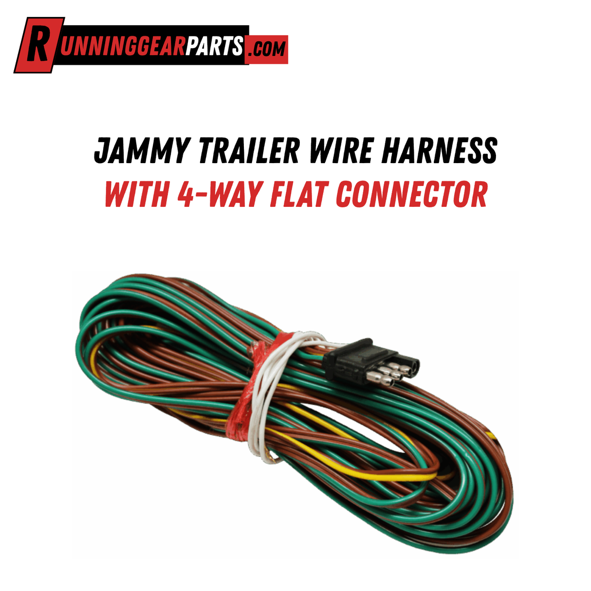 Jammy Trailer Wire Harness with 4-Way Flat Connector, 25′ Hot Wires and 30″ Ground Wire, Heavy Duty Electrical Towing Cable, J-5024-WH